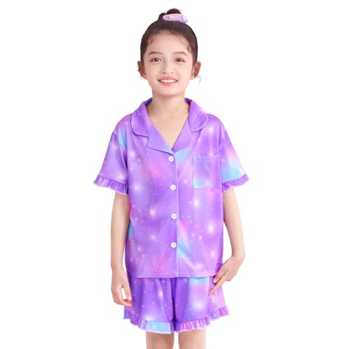 MHJY Girls Button Down Pajamas Sets, Short Sleeve Sleepwear with Shorts for Kids, Summer Pjs