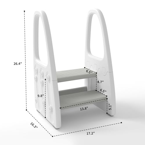 Image of Toddler Step Stool for Bathroom Sink, Kids Two Step Stool for Toilet Potty Training and Kitchen Counter, Children Step Up Learning Helper Tower with Safety Handles and Non-Slip Pads,Gray