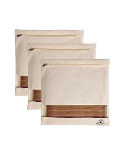 Sanvi Store Cotton Saree Storage Bags, Large 16 x 14 Inches, Zip Closure Clothes Organizer for Wardrobe, Saree Covers with Transparent Mesh Window, Beige(Set of 3)