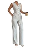 SOLY HUX Women's 2 Piece Outfits V Neck Button Down Vest Tops and High Waisted Pants Set Office Work Suit Pure Apricot Medium
