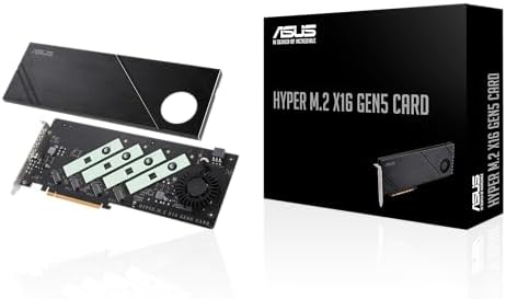 ASUS Hyper M.2 x16 Gen5 Card (PCIe 5.0/4.0) Supports Four NVMe M.2 (2242/2260/2280/22110) Devices up to 512 Gbps for AMD and Intel® Platform RAID Functions.