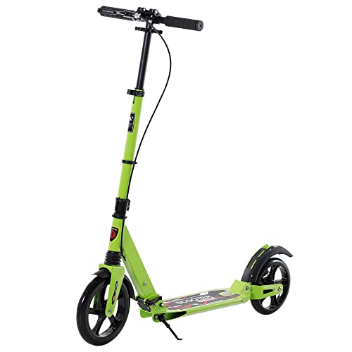 HOMCOM Scooter para adultos adolescentes plegable de aluminio ajustable en juguete para niños de 14 años con rueda trasera y freno de mano, sistema de mitigación de choque - verde 95.5-110.5 H CM