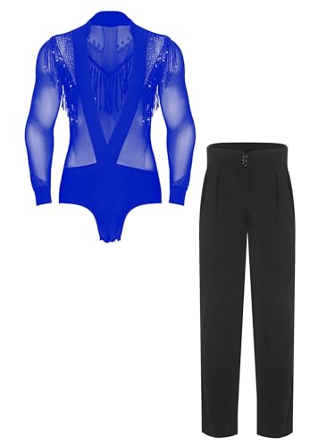 Catálogo de Ropa de Danza para Hombre Top 5. 42 iiniim Conjuntos de Danza para Hombres 2 Piezas, Leotardos con Vuelta V Profunda y Malla Transparente, Pantalones Cintura Alta con Flecos para Baile Latino y Actuaciones Azul Chico