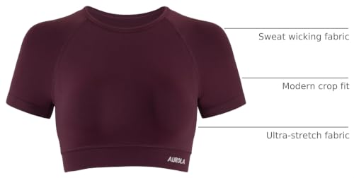 Image of AUROLA Influence Women Crop Top Short Sleeve Compression Workout T-Shirt | Raglan Short Sleeve Crop Top, High-Stretch Seamless Knit, Stay-Put Ribbed Underband, Soft Breathable Comfort
