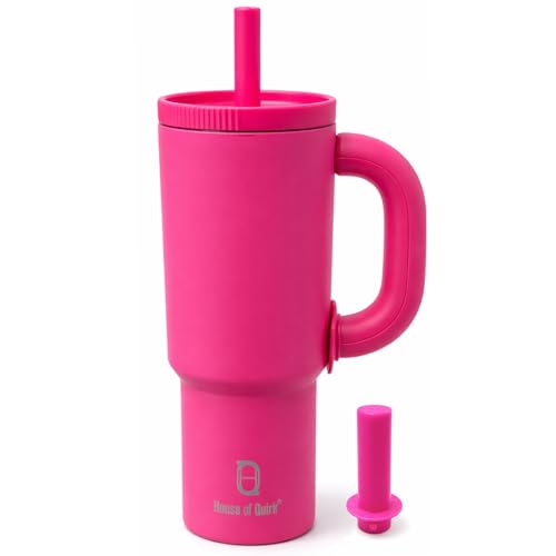 Image of House of Quirk 1200ml Stainless Steel Tumbler with Handle, Straw & Straw Cap | Leakproof Water Bottle | Large Capacity Travel Mug (Fuchsia Pink)