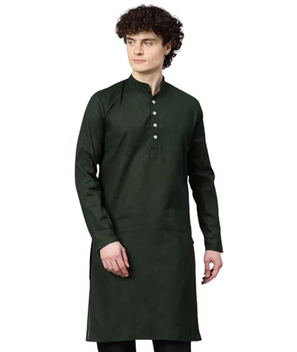 Image of Majestic Man Men's Cotton Regular Fit Casual Mandarin Collar Ethnic Motifs Solid Long Kurta