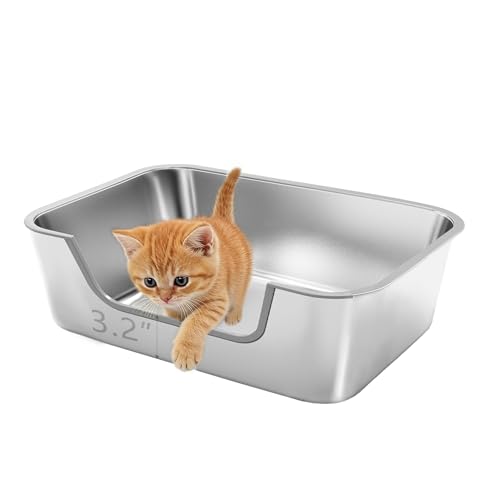 Tehoao Low Entry Stainless Steel Litter Box for Small Cat Metal Kitty Litter Boxes for Kittens Injured Cats Shallow Litter Pan for Small & Medium Pets Easy to Clean Non-Stick 15.7L11.8W5.9H
