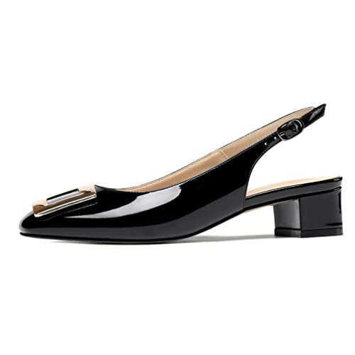 WAYDERNS Women's Metal Buckle Ankle Strap Square Toe Slingback Chunky Low Heel Pumps Shoes 1.5 Inch2