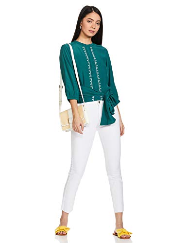 Image of Label RITU KUMAR Round Neck 3 /4 Sleeves Teal Blue Short Top