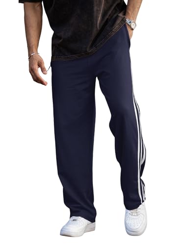 Image of Men's Track Pants with White Side Stripes | 4-Way Lycra Twill Polyester Straight Relaxed Fit Joggers | Mid-Rise Flexi Waist Lounge Bottoms