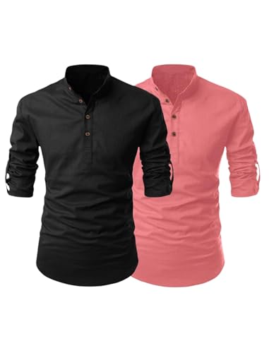 Image of FINIVO FASHION Combo of Men's Cotton Blend Solid Regular Fit Full Sleeve Straight Short Kurta Shirt, Casual and Formal Wear