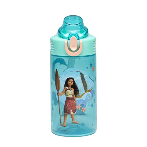 Zak Designs Sage Disney Moana Kids Water Bottle For School or Travel, 16oz Durable Plastic Water Bottle With Straw, Handle, and Leak-Proof, Pop-Up Spout Cover (Moana, Maui)