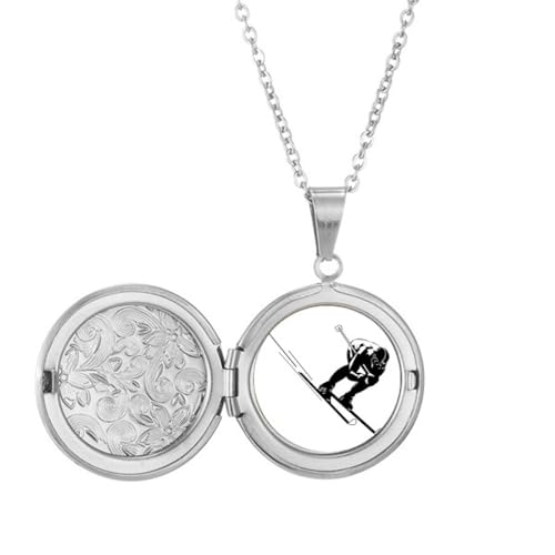 Collier médaillon noir avec illustration de ski pendentif montagne