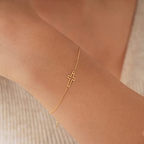 Mionza Jewelry 14K Solid Gold Cross Bracelet For Women, Teen Girls, Baby | Real Gold Sideways Adjustable Cross Bracelet | Gold Plated Bracelet For Women | Christian Baptism Gift (Solid Gold) #TOP3