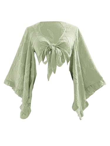 BEAUDRM Women's Boho Tops Wrap Western Country Concert Outfits Tie Front Long Bell Sleeve Tops 70s Hippie Disco Clothes Olive Green X-Small
