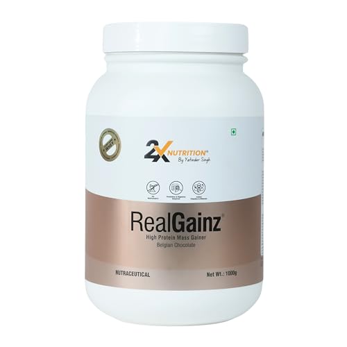 Image of REALGAINZ by 2X Nutrition | High-protein mass gainer | 78g Carbs per serving | High protein (26g) Natural weight gain | Build lean muscle mass | contains digestive enzymes (1Kg, Belgian Chocolate)