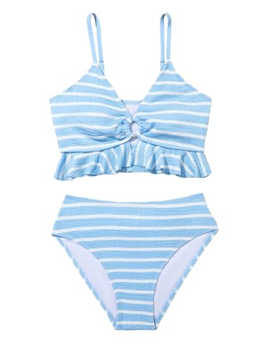 Milumia Girl's Two Piece Bikini Set Striped Ruffle Trim Cut Out Swimsuit