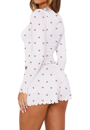 Image of Lacozy Cute Pajama Sets for Women 2 Piece Floral Print Fall Pj Set Woman Long Sleeve Crop Top and Short Y2K Sleep Set