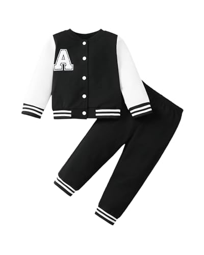 VEGGIEDOT Toddler Boy Clothes 2T 3T Boy Fall Winter Outfits Black Varsity Baseball Sweat Jacket Pants Set Casual Clothing Set for Little Boys