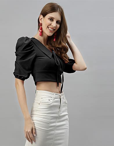 Image of Mehrang Women's Solid Ribbed Crop Tank Top Ribbed Tops for Women V-Neck 3 /4th Balloon Sleeves