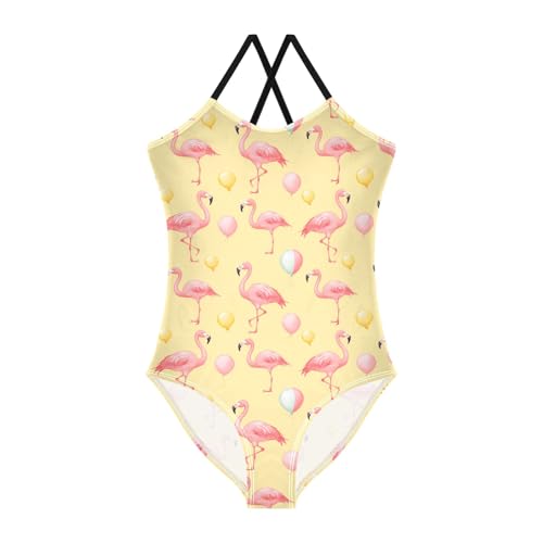 senya Girls Swimsuits One-Piece Swimwear Tie Bathing Suit Beach Summer Round Neck 5-6T Balloon Flamingo Pattern