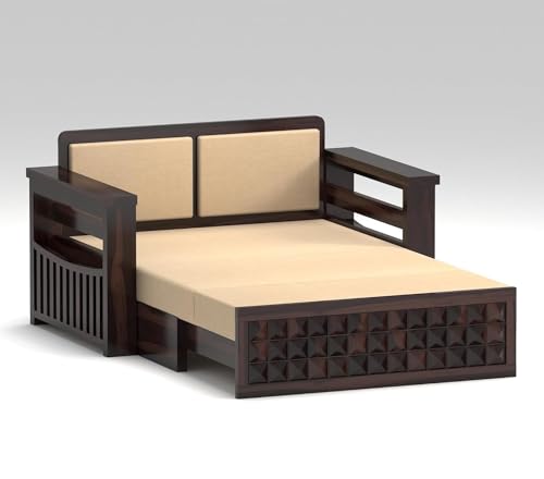 Image of Wooden Sofa Cum Bed | Sheesham Wood Sofa Bed for Living Room | Handmade Heavy Duty Foldable Sofa Cum Bed with Mattress Option | Traditional Modern Design (Allis Walnut)