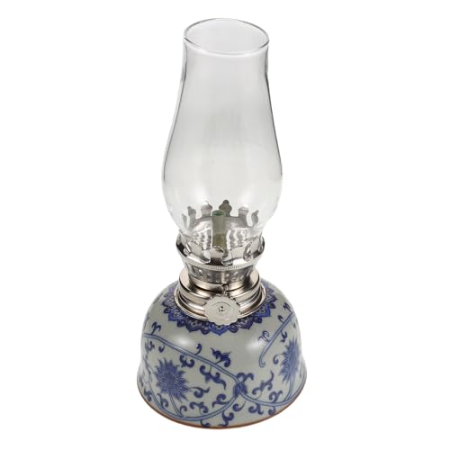 Lampe à pétrole pour intérieur et camping avec base en porcelaine bleue