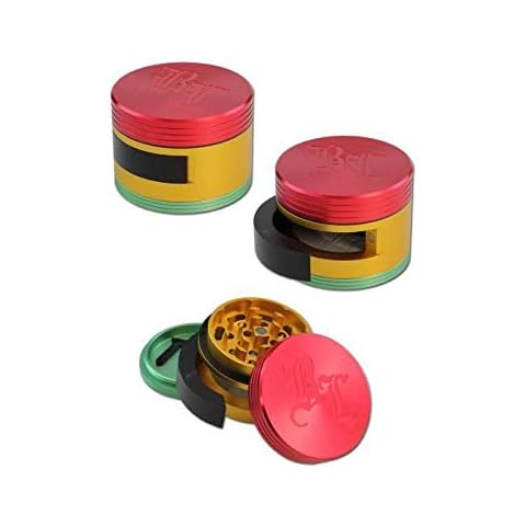 Black Leaf Herb Mill, Metal Grinder, CNC Grinder, Aluminium Grinder | 3-Piece | 48 x 64 mm | Scraper, Pollum Sieve | Diamond Cut Teeth | Aluminium, Rasta | with Removal Flap/Door | Dooor Cover