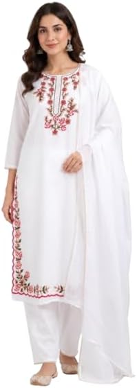 Damska bawełniana ciężka haftowana prosta kurta ze spodniami i dupatta etniczna kurta zestaw na uroczysty KURTI