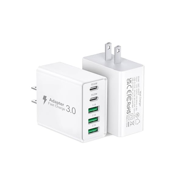 [2-Pack] USB C Wall Charger, 50W 5-Port PD Fast USB C Charging Block,2USB C+3USB A Multiport Plug,Type C Power Adapter Brick Cube for iPhone 16/15/14/13/12/Pro Max/XS,iPad,for Switch,Samsung,Ultra 2
