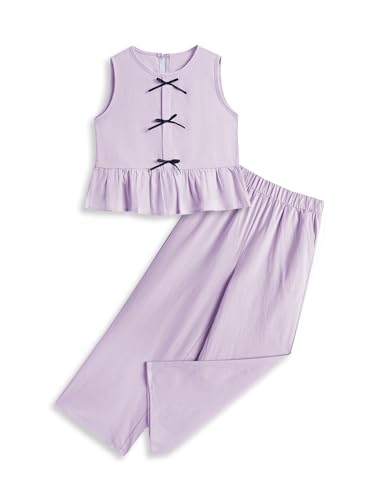 Image of Girls' Clothing Sets Sleeveless Bow Crop Top Wide Leg Linen Pants 2026 Summer Outfits Cute Kids Clothes