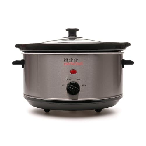 KitchenPerfected 3.5Ltr Oval Slow Cooker - 3 Heat Settings - Removable Crock Pot - Power & Temp Indicator Light - Toughened Glass Lid - Cool Touch Handles - Brushed Steel - E3036SS