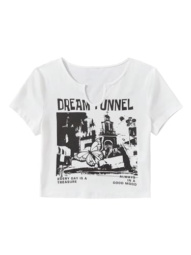 Image of OYOANGLE Girl's Graphic Print Notched Neck Short Sleeve T Shirt Slim Fit Cropped Tees
