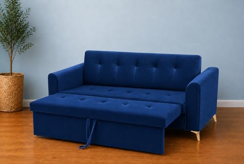 Image of Adorn India Premium Mystic - 3 Years Warranty - 3 Seater Sofa Cum Bed Velvet Suede Fabric - Blue