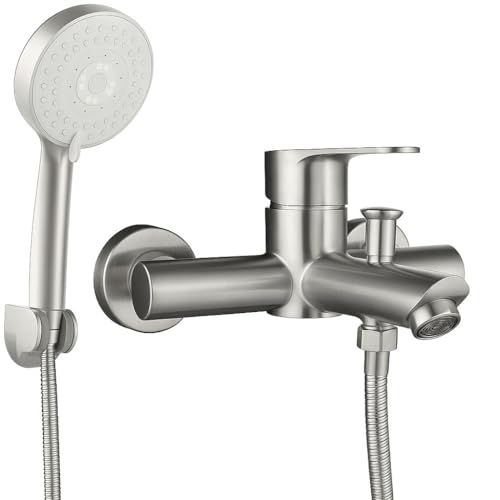 VOLTGY - Grifo de Ducha y Bañera de ACERO INOXIDABLE con Alcachofa, Manguera y Soporte Regulable. Monomando de Ducha con Doble Salida.