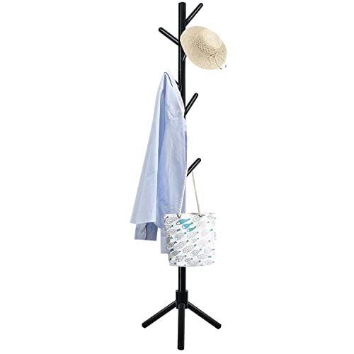 Yawinhe Perchero de Pie de Madera, en Forma de Árbol, Altura de 180 cm, con 8 Ganchos e 3 Alturas Ajustables, para Abrigos, Sombreros, Negro, 1-Pack