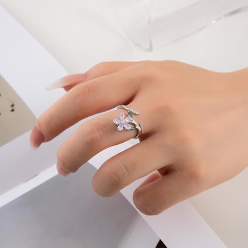 Kokoma Spinner Cherry Blossom Flower Ring for Women Pink Opal Cubic Zirconia Floral Leaf Wrap Finger Band Open Statement Rings Eternity Promise Rings Bands Christmas Jewelry2