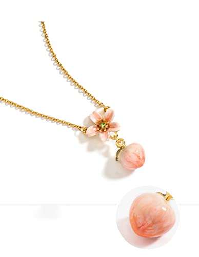 Peach Blossom Flower Enamel Pendant Necklace Handmade Jewelry Gift 18K Gold Plated Copper3