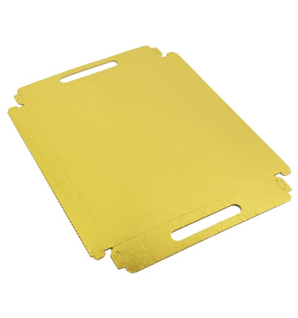 100 Bandeja de Cartón Rectangular con Asas, 22x28cm, Color Dorado, Bandeja para Aperitivos, Canapés, Compostables, Reciclable, Ecológica