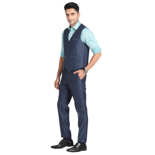Image of Turtle Men Polyviscose Lycra Tailored Fit Blue Three Piece Party Suits