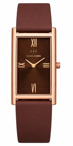 Image of CHARLIEKEEN Rectangular Wristwatch, Black Dial with Rose Gold Roman Numerals, Silicone Strap, Elegant Style (Rose Gold, Brown, Brown)