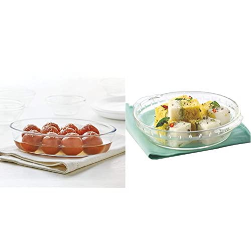 Image of Borosil Oval Baking Dish, 700ml, Transparent & Microwavable Plate, 20cm, Transparent Combo