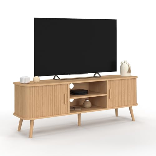 IDMarket - Meuble TV 140 cm Romie 2 Portes coulissantes Lattes tasseau Bois Coloris chêne