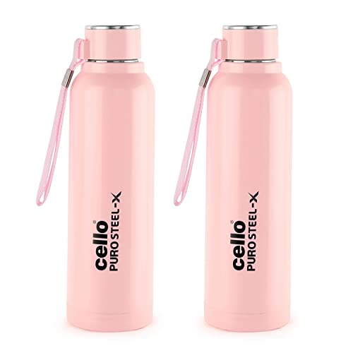 Cello Puro Steel-X Benz 900 | Water Bottle with Inner Steel and Outer Plastic | Set of 2 | 730 ml, Pink