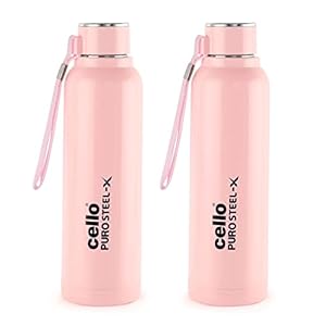 Cello Puro Steel-X Benz 900 | Water Bottle with Inner Steel and Outer Plastic | Set of 2 | 730 ml, Pink