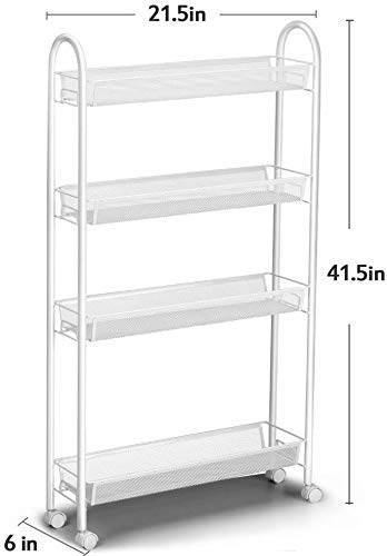 Rackaphile 4-Tier Slim Slide Out Storage Tower Rack Mesh Rolling Organization Serving Cart Shelf For Narrow Spaces Roller, White (4-Tier) #TOP1