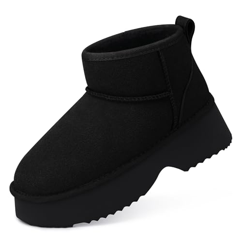 TEMOFON Snow Boots for Women Mini: Genuine Suede Leather Water Resistant Platform Womens Winter Boots Fur Lined Warm Anti-Slip Outdoor Ankle Booties