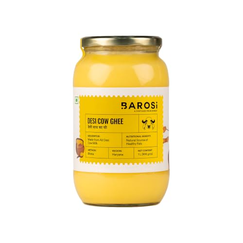 Image of BAROSI A2 Desi Cow Ghee 1 Litre | Traditional Bilona Method | Curd Churned Danedar Ghee | Lab Tested | Grass-Fed Desi Cow | Pure, Natural, Aromatic | Shudh Cow Ghee | Glass Jar (1000ml)