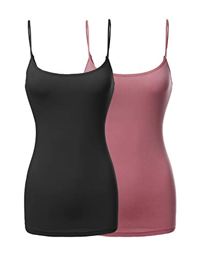 Made by Emma Basic Solid Long Length Adjustable Spaghetti Strap Tank Top Black/Mauve L