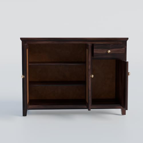 Image of Solid Sheesham Wood Sideboard Cabinet with 2 Cane Doors, Storage Shelves & Drawer | Wooden Storage Cabinet for Living Room, Dining Room & Hallway | Buffet Console Cabinet for Home Decor |Walnut Finish